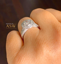 Load image into Gallery viewer, Filigree Antique Style 14k Solid White Gold Round Cut Moissanite and Natural Diamond Engagement Ring And Band Bezel Halo 1.70ctw
