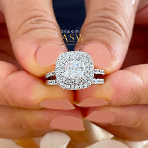 14K White Gold Cushion Cut Forever One Moissanite and Diamond Engagement Ring And Band Bridal Wedding Set Double Halo Natural Diamonds 2.05
