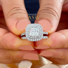 Load image into Gallery viewer, 14K White Gold Cushion Cut Moissanite and Diamond Engagement Ring And Band Bridal Wedding Set Double Halo Natural Diamonds 2.05
