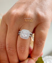 Load image into Gallery viewer, 14K White Gold Cushion Cut Moissanite and Diamond Engagement Ring And Band Bridal Wedding Set Double Halo Natural Diamonds 2.05
