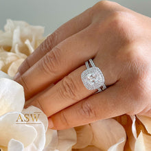 Load image into Gallery viewer, 14K White Gold Cushion Cut Moissanite and Diamond Engagement Ring And Band Bridal Wedding Set Double Halo Natural Diamonds 2.05
