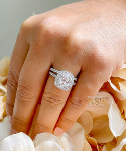 14K White Gold Cushion Cut Forever One Moissanite and Diamond Engagement Ring And Band Bridal Wedding Set Double Halo Natural Diamonds 2.05