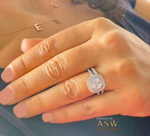14K White Gold Cushion Cut And Round Cut Natural Diamond Engagement Ring And Band Bridal Wedding Set Double Halo Natural Diamonds 1.85ctw