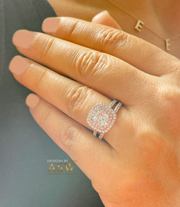 14K White Gold Cushion Cut Forever One Moissanite and Diamond Engagement Ring And Band Bridal Wedding Set Double Halo Natural Diamonds 2.05