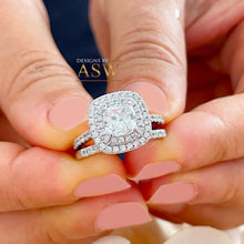 Load image into Gallery viewer, 14K White Gold Cushion Cut And Round Cut Natural Diamond Engagement Ring And Band Bridal Wedding Set Double Halo Natural Diamonds 1.85ctw
