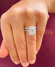 Load image into Gallery viewer, 14k solid white gold emerald cut moissanite and round cut natural diamond engagement ring and band double halo bridal set 2.75ct
