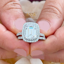Load image into Gallery viewer, 14k solid white gold emerald cut forever one moissanite and round cut natural diamond engagement ring and band double halo bridal set 2.75ct
