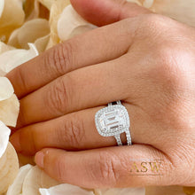 Load image into Gallery viewer, 14k solid white gold emerald cut forever one moissanite and round cut natural diamond engagement ring and band double halo bridal set 2.75ct
