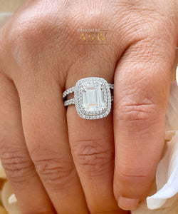 14k solid white gold emerald cut forever one moissanite and round cut natural diamond engagement ring and band double halo bridal set 2.75ct