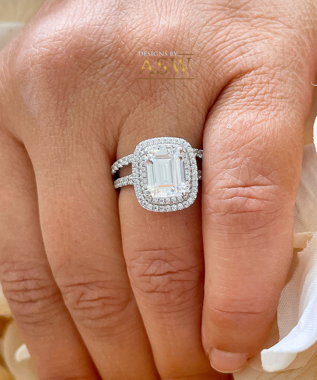 14k solid white gold emerald cut moissanite and round cut natural diamond engagement ring and band double halo bridal set 2.75ct