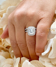 Load image into Gallery viewer, 14k solid white gold emerald cut forever one moissanite and round cut natural diamond engagement ring and band double halo bridal set 2.75ct
