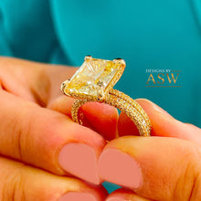 Load image into Gallery viewer, 14K Solid Yellow Gold Fancy Yellow Radiant And Round Cut Simulated Diamonds Engagement Ring And Band Halo Wedding Bridal Set 5.50ctw
