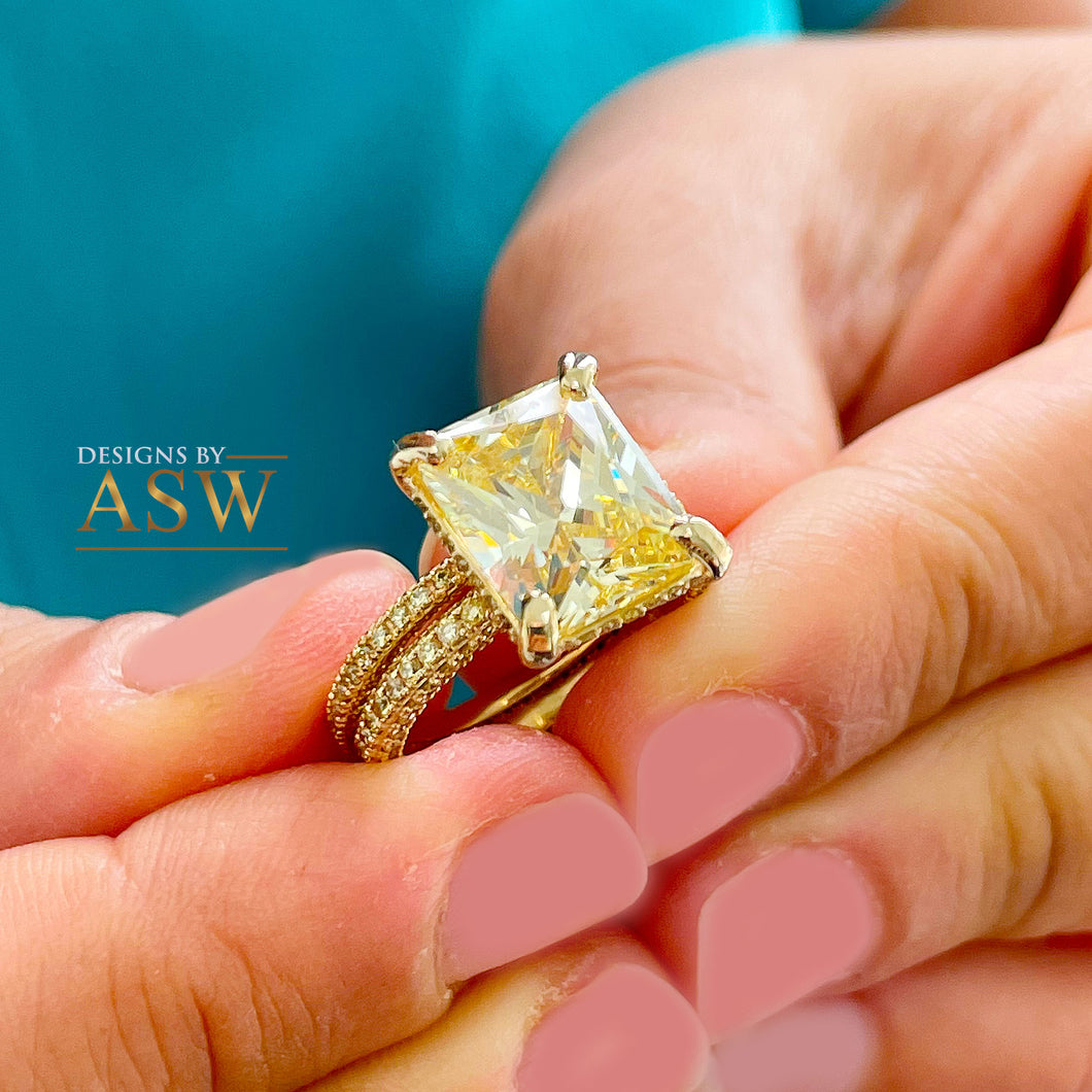 14K Solid Yellow Gold Fancy Yellow Radiant And Round Cut Simulated Diamonds Engagement Ring And Band Halo Wedding Bridal Set 5.50ctw