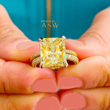Load image into Gallery viewer, 14K Solid Yellow Gold Fancy Yellow Radiant And Round Cut Simulated Diamonds Engagement Ring And Band Halo Wedding Bridal Set 5.50ctw
