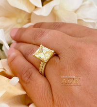 Load image into Gallery viewer, 14K Solid Yellow Gold Fancy Yellow Radiant And Round Cut Simulated Diamonds Engagement Ring And Band Halo Wedding Bridal Set 5.50ctw
