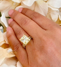 Load image into Gallery viewer, 14K Solid Yellow Gold Fancy Yellow Radiant And Round Cut Simulated Diamonds Engagement Ring And Band Halo Wedding Bridal Set 5.50ctw
