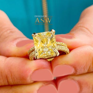 14K Solid Yellow Gold Fancy Yellow Radiant And Round Cut Simulated Diamonds Engagement Ring And Band Halo Wedding Bridal Set 5.50ctw