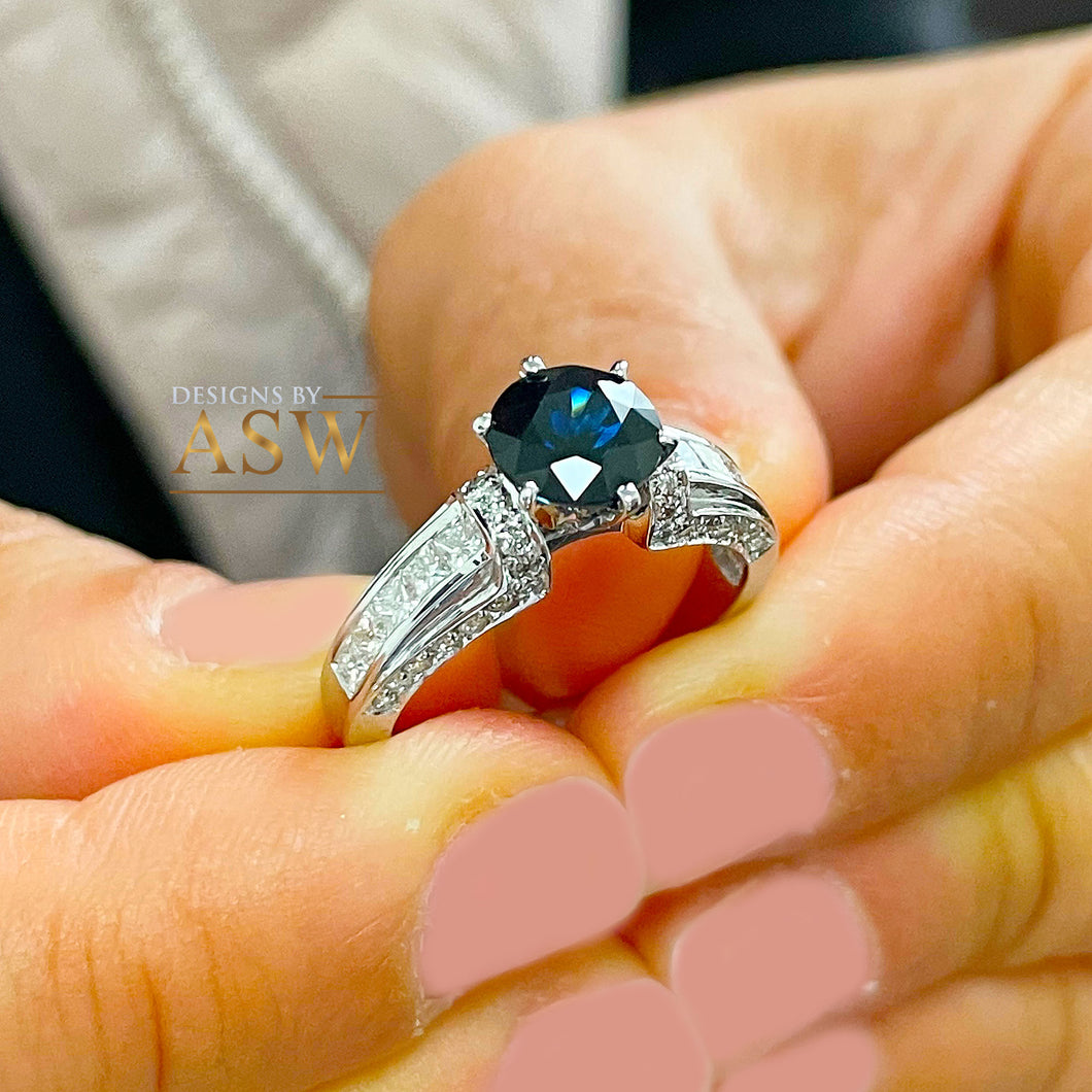 14K Solid White Gold Round Cut Natural Sapphire and natural Round And Princess Cut diamond ring art deco Filigree 2.35ctw