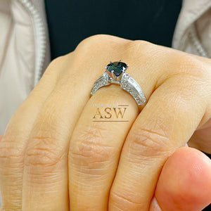 14K Solid White Gold Round Cut Natural Sapphire and natural Round And Princess Cut diamond ring art deco Filigree 2.35ctw