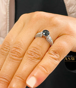 14K Solid White Gold Round Cut Natural Sapphire and natural Round And Princess Cut diamond ring art deco Filigree 2.35ctw