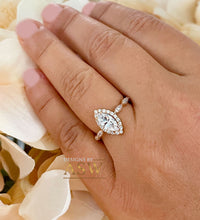 Load image into Gallery viewer, Filigree Halo Style 14k Rose Gold Marquise Cut Moissanite and Round Cut Natural Diamond Engagement Ring, Bridal Wedding Anniversary 1.35ctw
