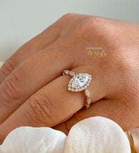 Load image into Gallery viewer, Filigree Halo Style 14k Rose Gold Marquise Cut Moissanite and Round Cut Natural Diamond Engagement Ring, Bridal Wedding Anniversary 1.35ctw
