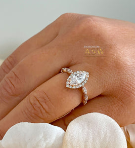 Filigree Halo Style 14k Rose Gold Marquise Cut Moissanite and Round Cut Natural Diamond Engagement Ring, Bridal Wedding Anniversary 1.35ctw