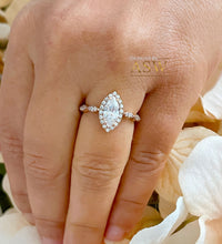 Load image into Gallery viewer, Filigree Halo Style 14k Rose Gold Marquise Cut Moissanite and Round Cut Natural Diamond Engagement Ring, Bridal Wedding Anniversary 1.35ctw
