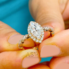 Load image into Gallery viewer, Filigree Halo Style 14k Rose Gold Marquise Cut Moissanite and Round Cut Natural Diamond Engagement Ring, Bridal Wedding Anniversary 1.35ctw
