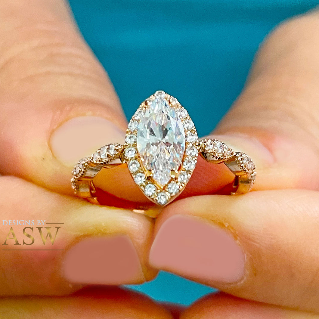 Filigree Halo Style 14k Rose Gold Marquise Cut Moissanite and Round Cut Natural Diamond Engagement Ring, Bridal Wedding Anniversary 1.35ctw