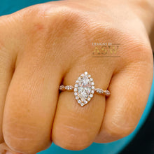 Load image into Gallery viewer, Filigree Halo Style 14k Rose Gold Marquise Cut Moissanite and Round Cut Natural Diamond Engagement Ring, Bridal Wedding Anniversary 1.35ctw
