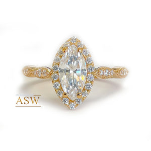 Filigree Halo Style 14k Rose Gold Marquise Cut Moissanite and Round Cut Natural Diamond Engagement Ring, Bridal Wedding Anniversary 1.35ctw