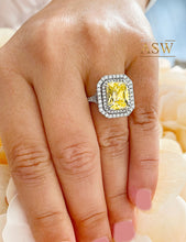 Load image into Gallery viewer, Large 6.00 Carats 14k Solid White Gold Radiant Cut Simulated Diamond and Light Fancy Yellow Diamonds Engagement Ring Double Halo
