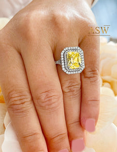 Large 6.00 Carats 14k Solid White Gold Radiant Cut Simulated Diamond and Light Fancy Yellow Diamonds Engagement Ring Double Halo