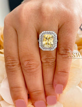 Load image into Gallery viewer, Large 6.00 Carats 14k Solid White Gold Radiant Cut Simulated Diamond and Light Fancy Yellow Diamonds Engagement Ring Double Halo

