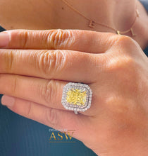 Load image into Gallery viewer, Large 6.00 Carats 14k Solid White Gold Radiant Cut Simulated Diamond and Light Fancy Yellow Diamonds Engagement Ring Double Halo
