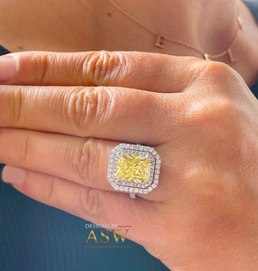 Large 6.00 Carats 14k Solid White Gold Radiant Cut Simulated Diamond and Light Fancy Yellow Diamonds Engagement Ring Double Halo