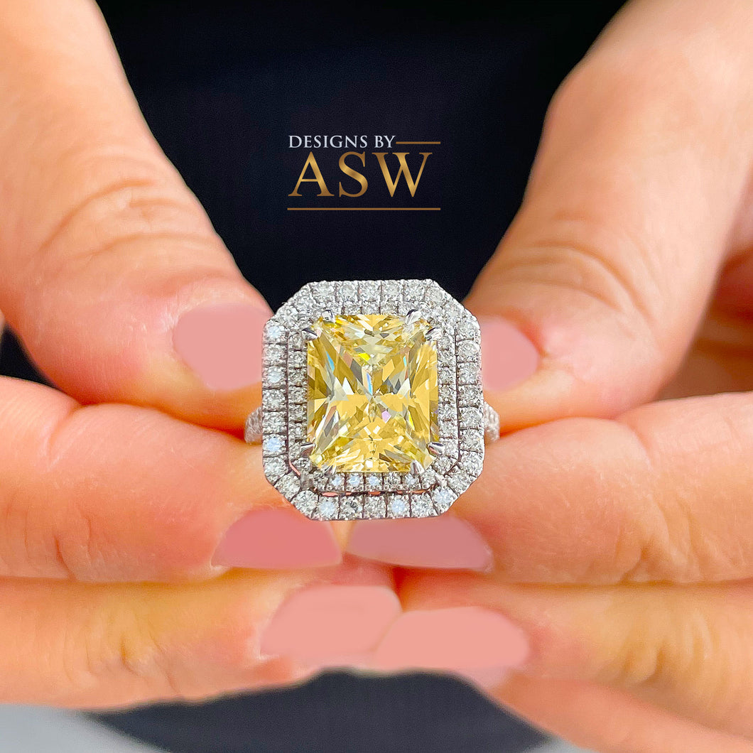 Large 6.00 Carats 14k Solid White Gold Radiant Cut Simulated Diamond and Light Fancy Yellow Diamonds Engagement Ring Double Halo