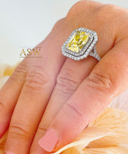 Load image into Gallery viewer, Large 6.00 Carats 14k Solid White Gold Radiant Cut Simulated Diamond and Light Fancy Yellow Diamonds Engagement Ring Double Halo
