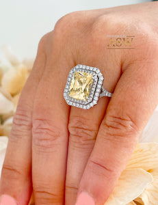 Large 6.00 Carats 14k Solid White Gold Radiant Cut Simulated Diamond and Light Fancy Yellow Diamonds Engagement Ring Double Halo