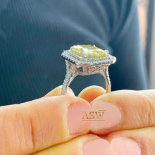 Load image into Gallery viewer, Large 6.00 Carats 14k Solid White Gold Radiant Cut Simulated Diamond and Light Fancy Yellow Diamonds Engagement Ring Double Halo
