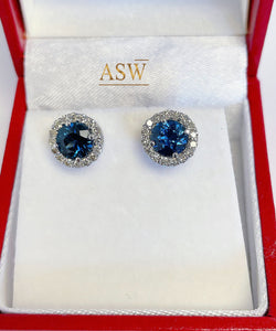 14K Solid White Gold Round Cut Natural Sapphire Diamond Deco Style Engagement, Wedding, Anniversary, Bridal, Halo, Stud Earrings 2.00ctw