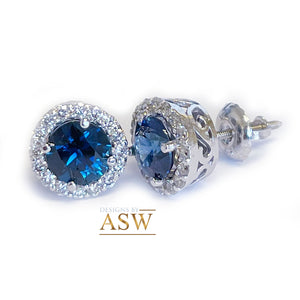 14K Solid White Gold Round Cut Natural Sapphire Diamond Deco Style Engagement, Wedding, Anniversary, Bridal, Halo, Stud Earrings 2.00ctw