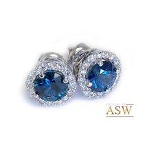 Load image into Gallery viewer, 14K Solid White Gold Round Cut Natural Sapphire Diamond Deco Style Engagement, Wedding, Anniversary, Bridal, Halo, Stud Earrings 2.00ctw
