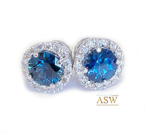 14K Solid White Gold Round Cut Natural Sapphire Diamond Deco Style Engagement, Wedding, Anniversary, Bridal, Halo, Stud Earrings 2.00ctw