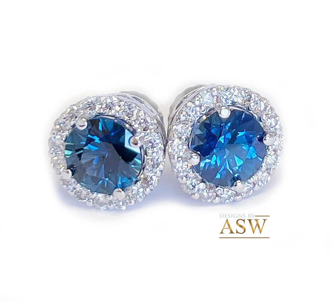 14K Solid White Gold Round Cut Natural Sapphire Diamond Deco Style Engagement, Wedding, Anniversary, Bridal, Halo, Stud Earrings 2.00ctw