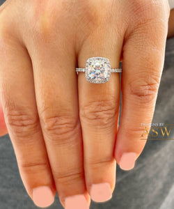 14K Solid White Gold Natural Cushion And Round Cut Diamond Engagement Ring Bridal Wedding Halo Propose 2.00ctw