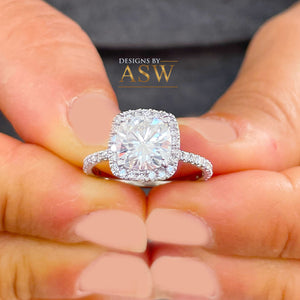 14K Solid White Gold Natural Cushion And Round Cut Diamond Engagement Ring Bridal Wedding Halo Propose 2.00ctw