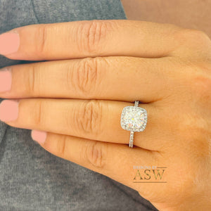 14K Solid White Gold Natural Cushion And Round Cut Diamond Engagement Ring Bridal Wedding Halo Propose 2.00ctw