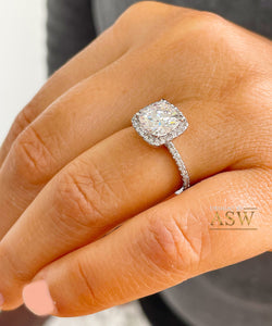 Elegant Women's 14k Solid White Gold Cushion Cut Moissanite and Natural Diamond Engagement Ring Bridal, Wedding Halo 2.50ctw